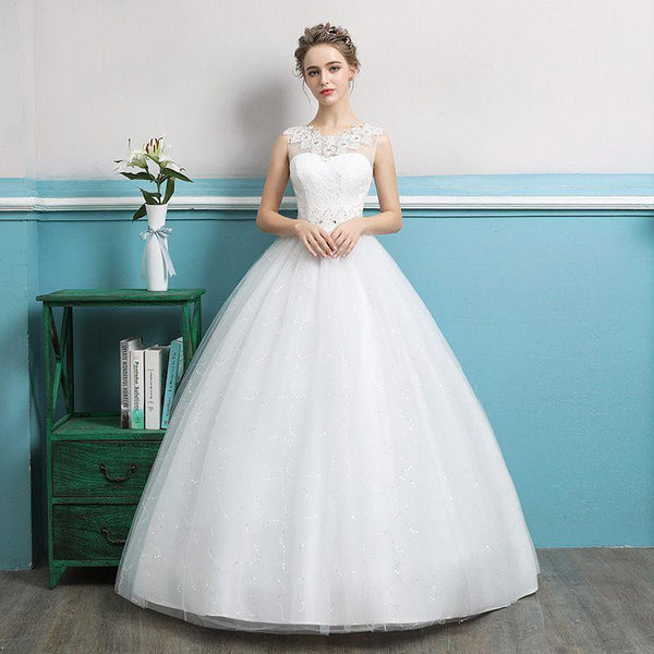 Fashion Flower Neckline Design Women Romantic White Lace Floor Length Wedding Dress
