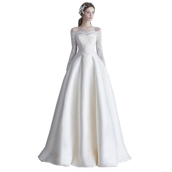 Women Romantic Off-shoulder Lace Sleeves Simple Design Floor Length Wedding Dress