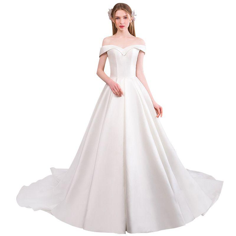Simple Solid Color Satin Fabric Off-shoulder Sweep Length Train Wedding Dress