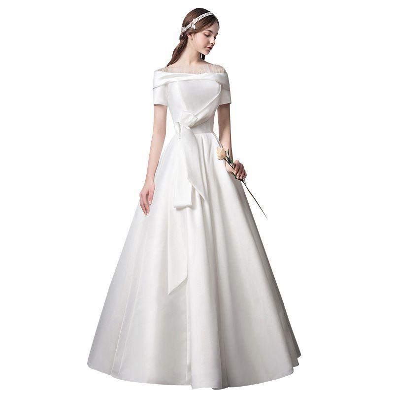 New Creative Empire Waist Bowknot Design Solid Color Satin Floor Length Wedding Dress