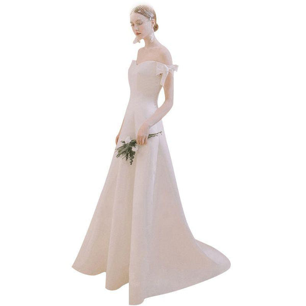 Women Good Quality Solid Color Satin Fabric Off-shoulder Sweep Length Train Wedding Dress