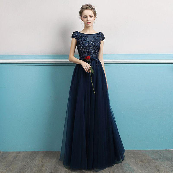 Elegant Women Fashion Dark Blue Color Cap Sleeves Floor Length Party Dress
