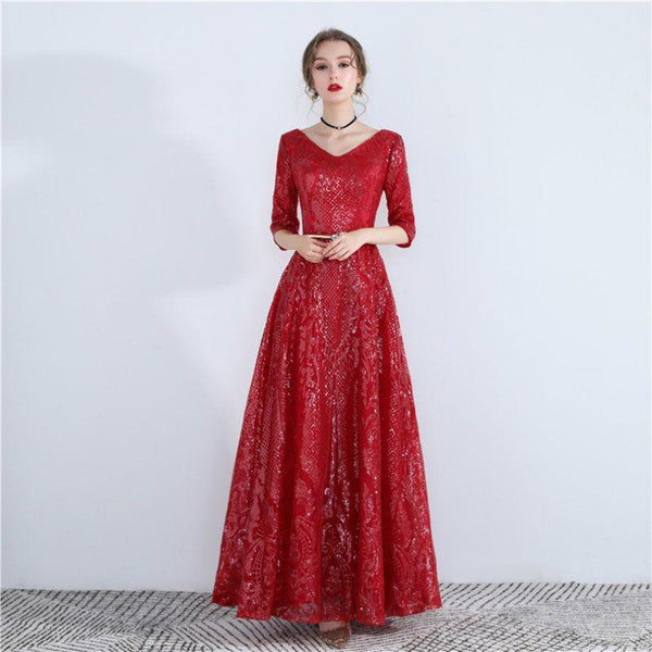 Fashion Elegant Women V Neck Half Sleeves Design Red Color Floor Length Party Dress