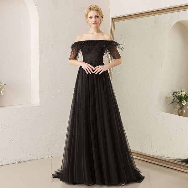 Fashion Black Color Women Off-shoulder Feather Edging Floor Length Evening Party Dress