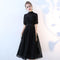 Elegant Black Color Women Short Sleeves Lace Fabric Tea-length Party Dress