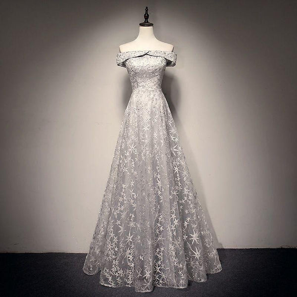 Elegant Women Princess Off-shoulder Pattern Beaded Embroidery Floor Length Party Dress