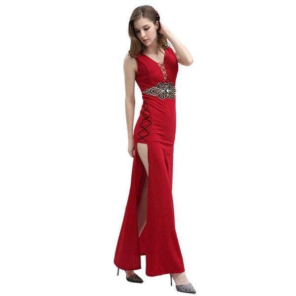Women Floor Length Sexy Side-slit Sleeveless Tight Party Dress