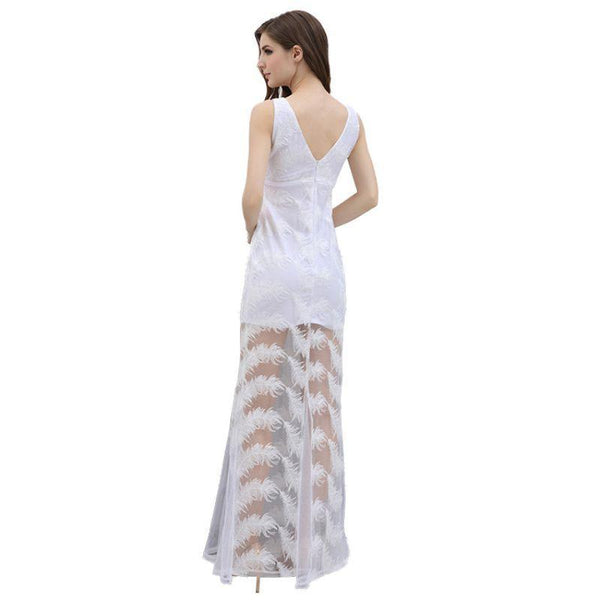 Women Unique Feather Embroidered Solid Color Sleeveless Party Dress