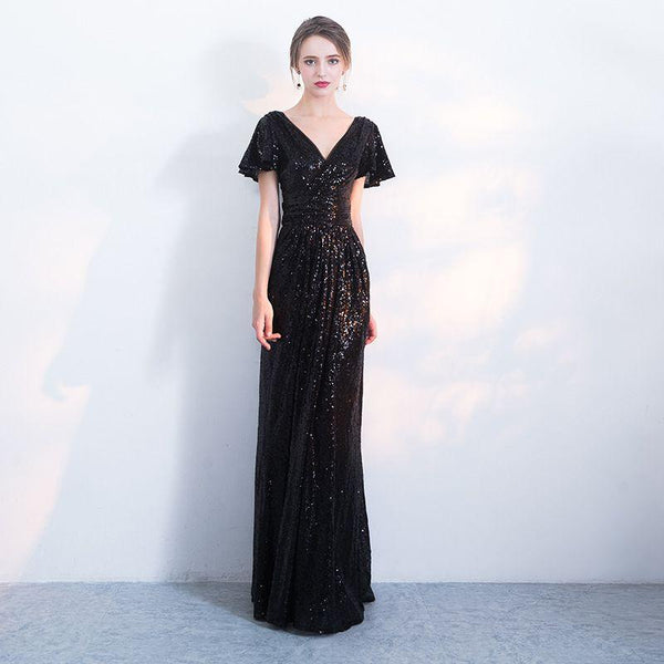 Fashion Shiny Sequin Design Women Short Sleeves Elegant Black Color Party Dress