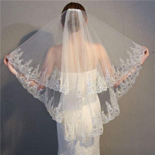 Women Double Layer Embroidered Lace Wedding Veil