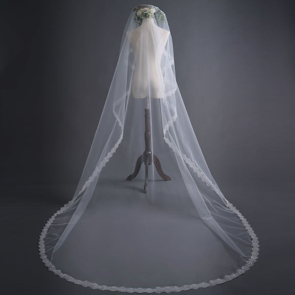Women Plum Flower Sequin Design Simple White Lace 3M Bridal Veil