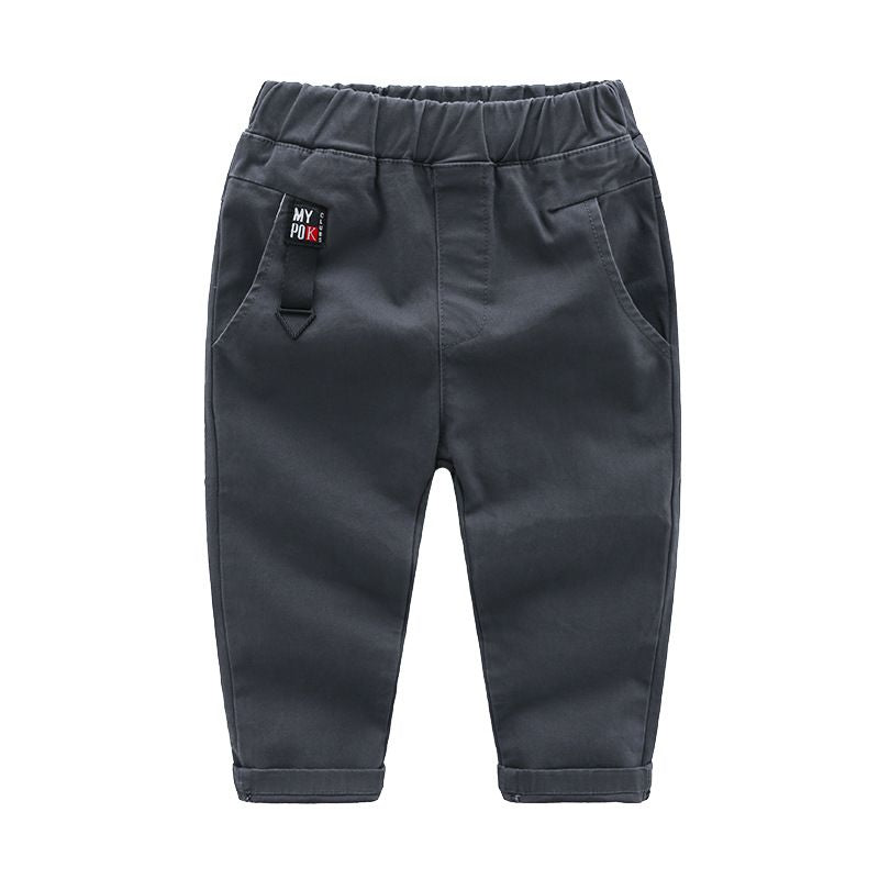 Boys Cotton Solid Color Applique Slim Fit Pants