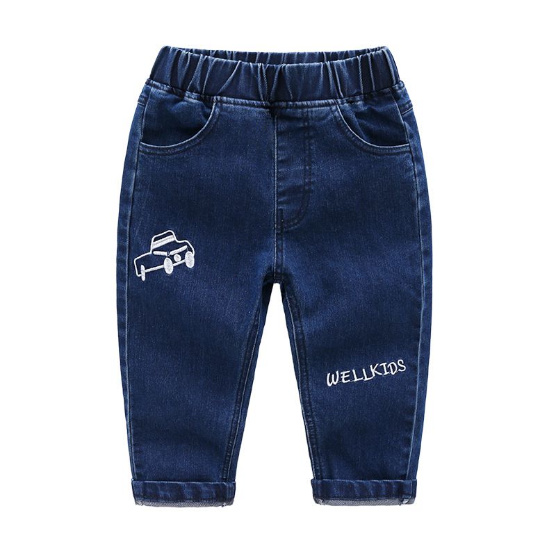 Boys Cotton Car And Letter Embroidered Denim Jeans