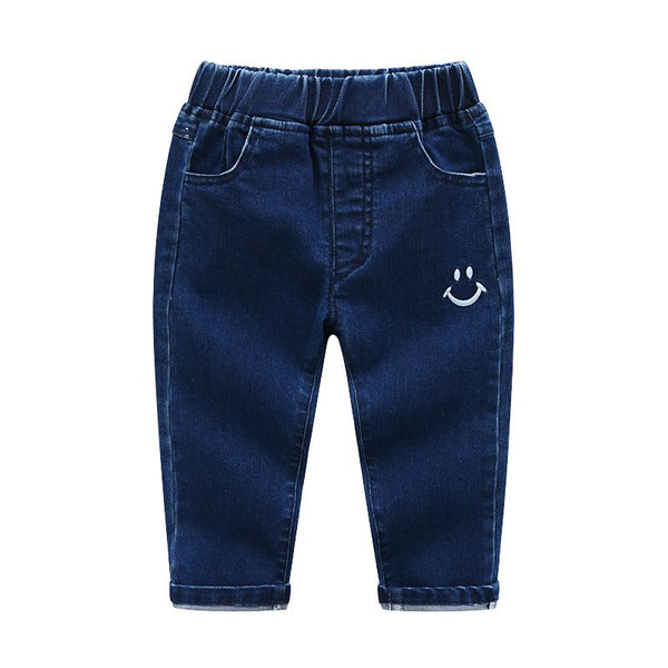 Cute Smile Embroidered Cotton Elastic Waist Pants