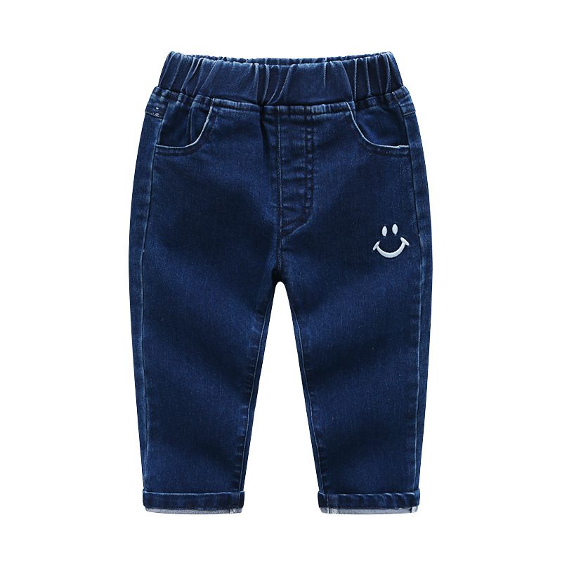 Cute Smile Embroidered Cotton Elastic Waist Pants
