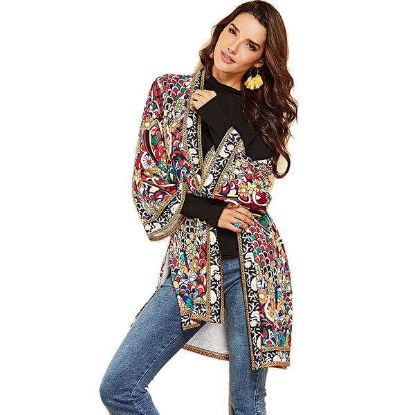 Fashion Ethnic Style Women Flower Pattern Flare Sleeves Coat