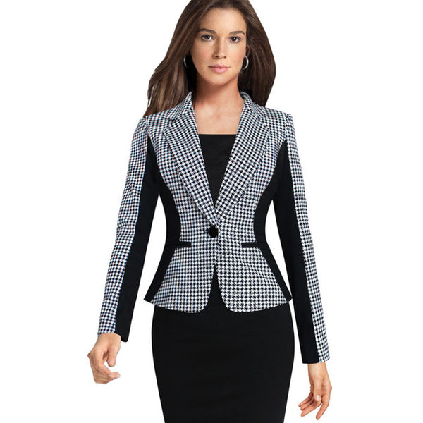 Elegant Women Classic Houndstooth Pattern Color Blocking Blazer