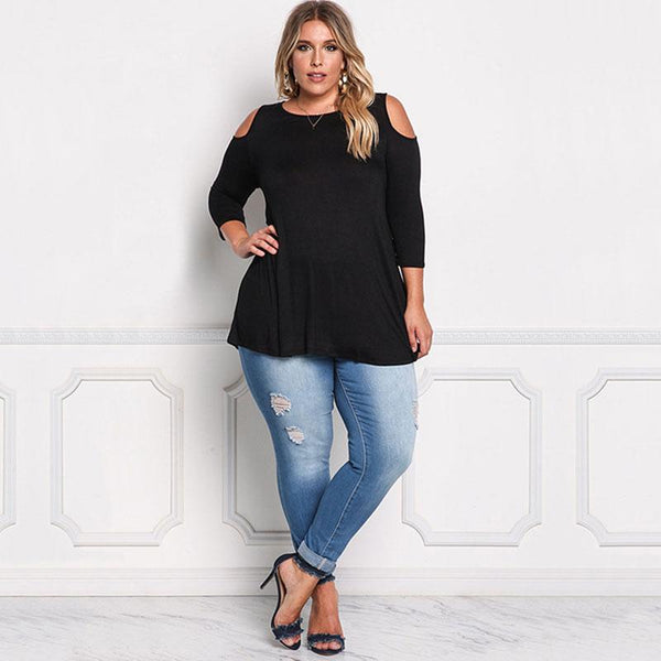 Plus Size Women Unique Coo-shoulder Design Pullover Casual T-shirt