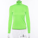 Women Fashion Fluorescence Green Color Turtle Neck Long Sleeves T-shirt