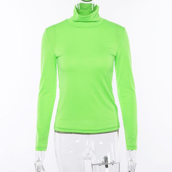 Women Fashion Fluorescence Green Color Turtle Neck Long Sleeves T-shirt