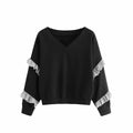 Women College Style Color Blocking Loose Pattern Pullover Sweatshirt