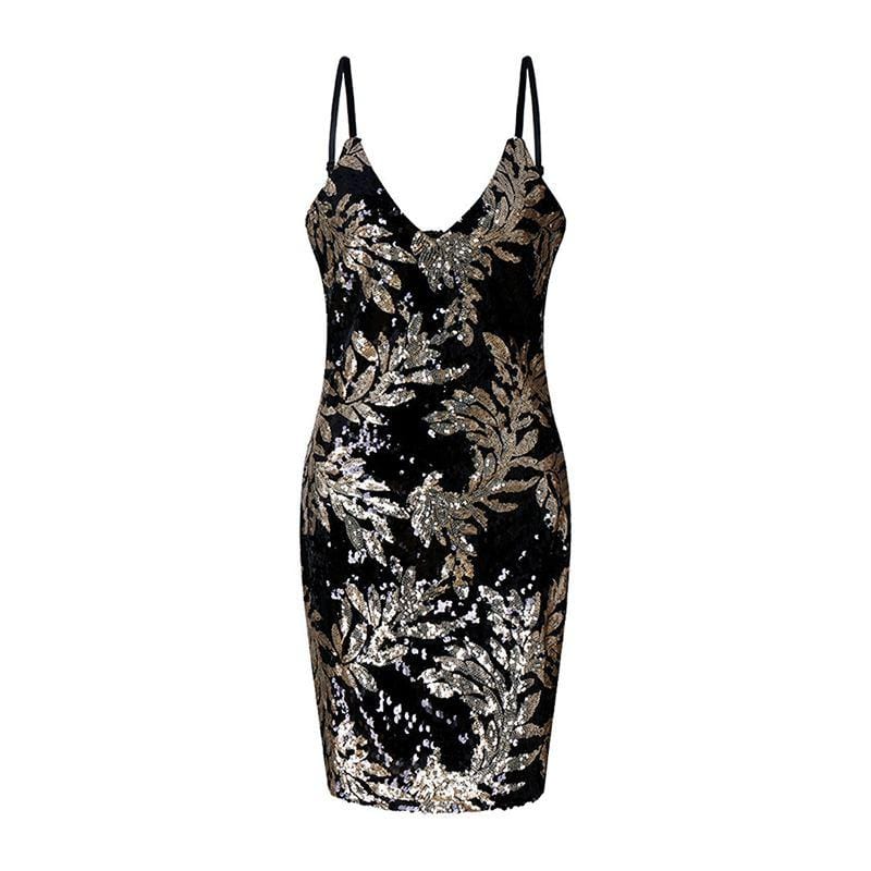 Women Sexy Deep V Neck Design Floral Pattern Sequin Party Dress