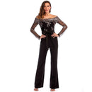 Modern Lady Fashion Sequin Flower Pattern Off-shoulder Long Sleeves Party Jumpsuits