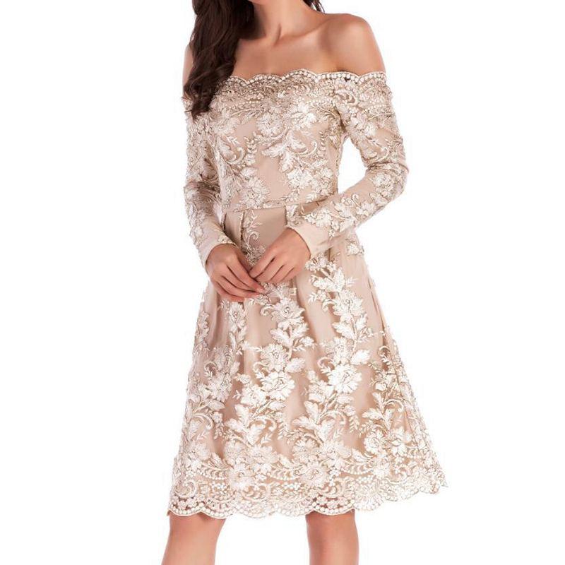 Elegant Women Off-shoulder Pattern Long Sleeves Lace Party Dress