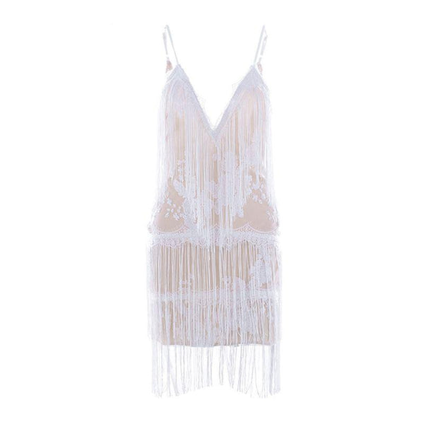 Sexy See-through Lace Pattern Women Tassel Nightclub Mini Dress