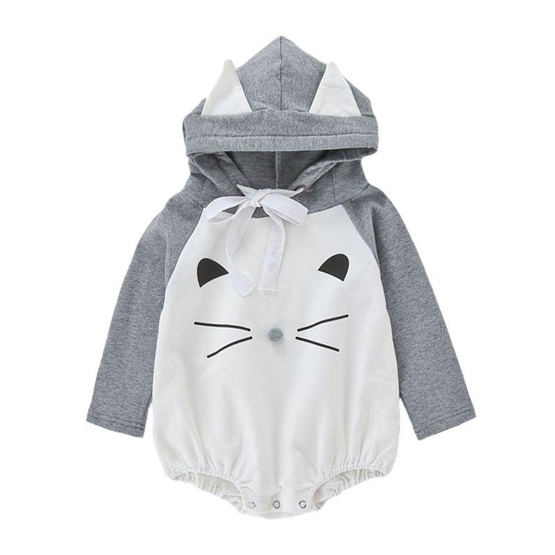 Adorable Little Baby Cartoon Cat Pattern Patchwork Hooded Bodysuit
