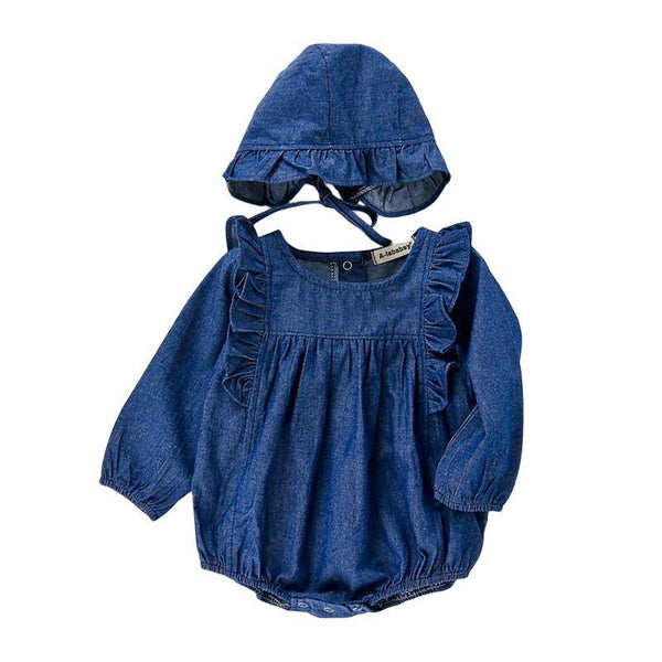 2 Pcs Set Fashionable Baby Girls Ruffle Design Solid Color Denim Blue Bodysuit And Hat