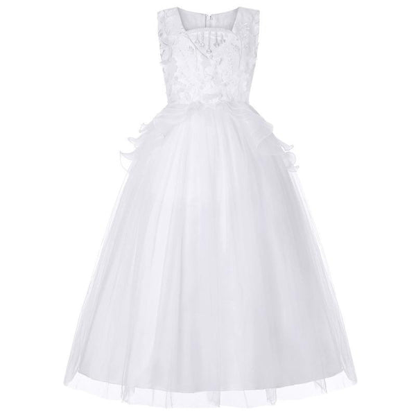 Wedding Flower Girls Sleeveless Patchwork Floral Embroidered Lace Tutu Dress