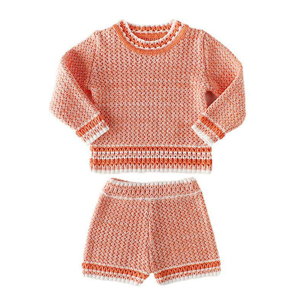 2 Pcs Elegant Girls Cotton Long Sleeves Knitted Tops And Shorts