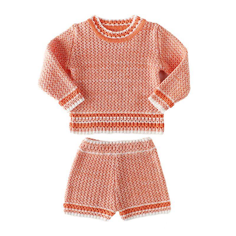 2 Pcs Elegant Girls Cotton Long Sleeves Knitted Tops And Shorts