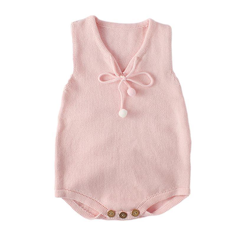 Baby Girls Cotton Solid Color V Neck Patchwork Knitted Sleeveless Jumpsuits