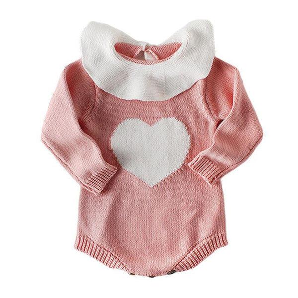 Baby Girls Cute Heart Printed Long Sleeves Knitted Bodysuits