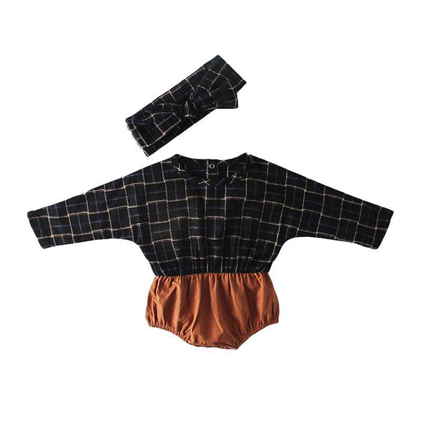 2Pcs Baby Girls Cotton Plaid Printed Long Sleeves Bodysuit And Headband