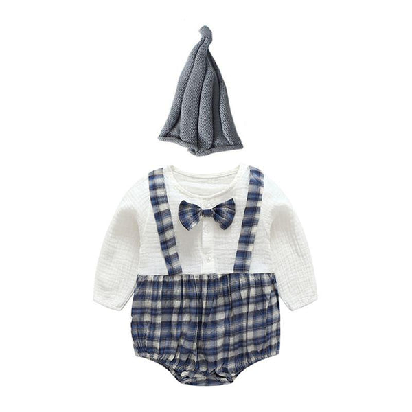 2Pcs Set Newborn Boy Cotton Patchwork Bow Tie Bodysuit And Hat