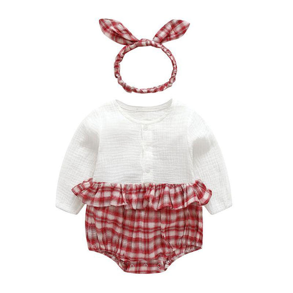 2Pcs Set Newborn Girls Cotton Patcwork Bodysuit And Headband
