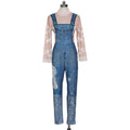 Women Unique Denim Printed Mock Neck Good Stretch Jumpsuits