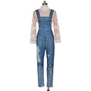 Women Unique Denim Printed Mock Neck Good Stretch Jumpsuits