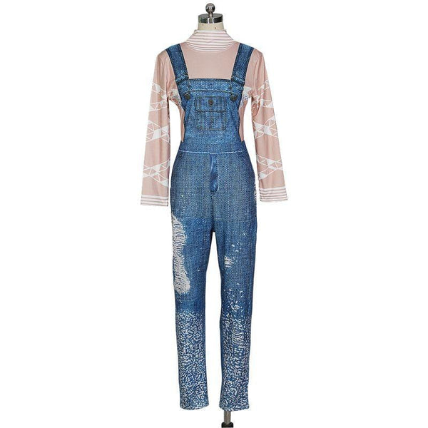 Women Unique Denim Printed Mock Neck Good Stretch Jumpsuits