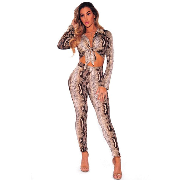 Fashion Snakeskin Printed Women Sexy Crop Top Tight Pants Set