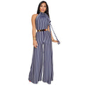 Women Classic Stripes Print Fashion Sleeveless Halter Jumpsuits