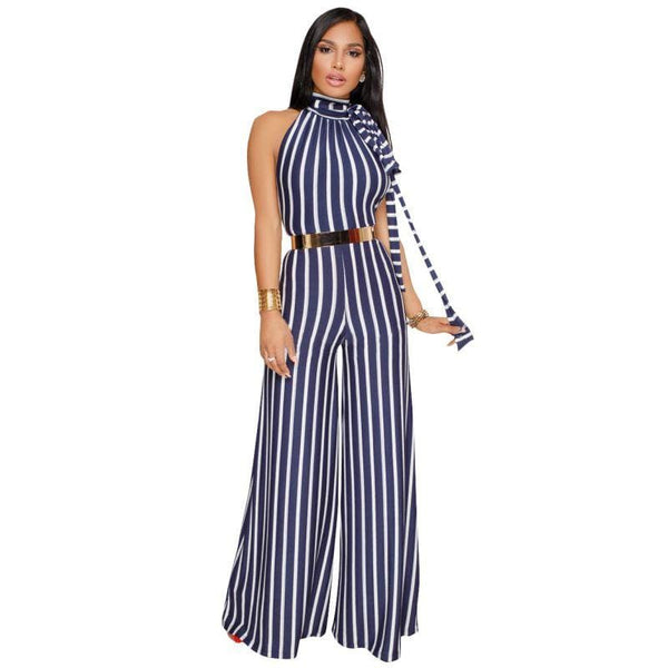 Women Classic Stripes Print Fashion Sleeveless Halter Jumpsuits