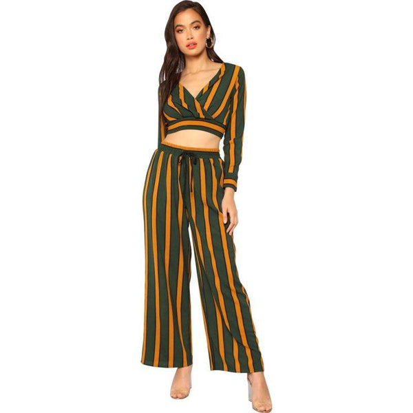 Women Unique Crossing Design Crop Top Wide-leg Pants Set