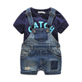 2 Pcs Boys Letter Printed Short Sleeves Tees And Denim Short Overalls