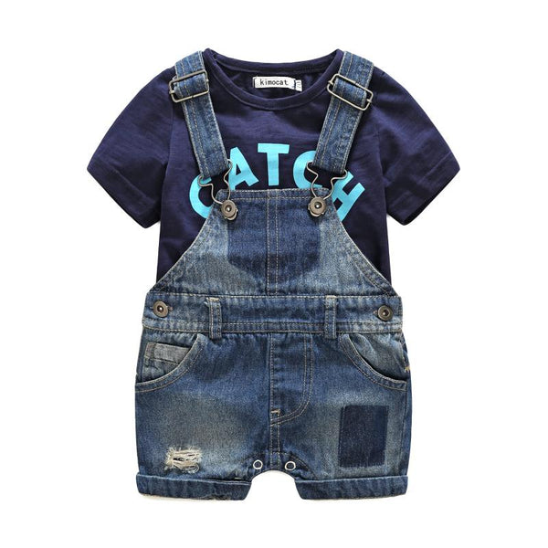 2 Pcs Boys Letter Printed Short Sleeves Tees And Denim Short Overalls