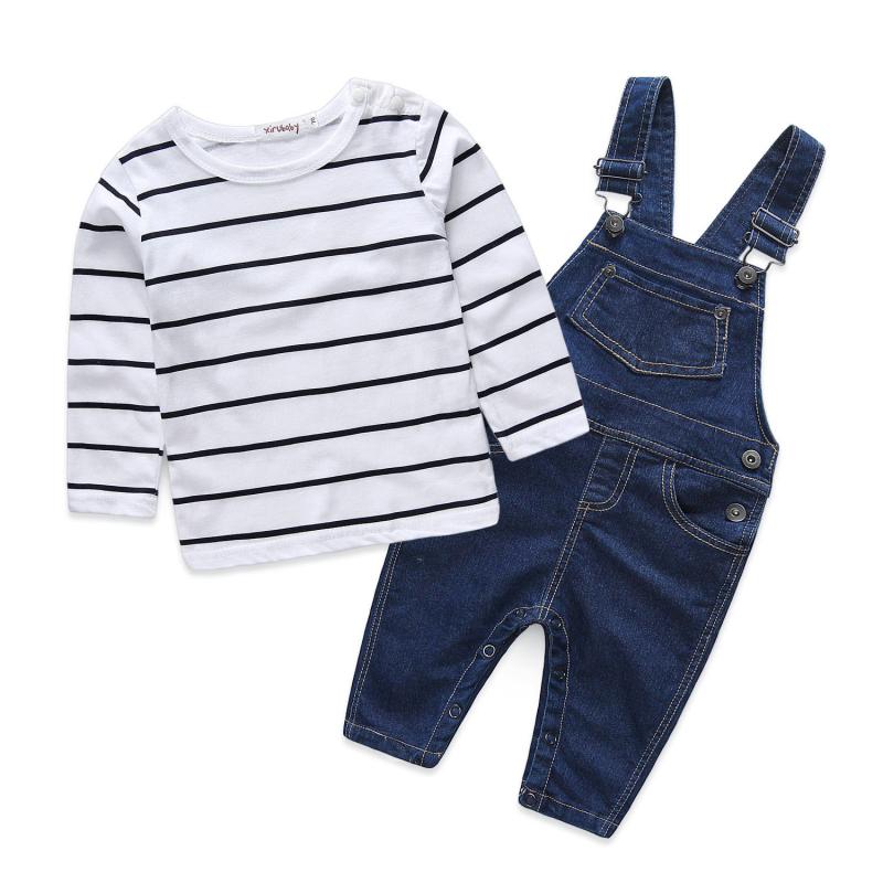 2 Pcs Set Stripes Printed Tops And Denim Rompers