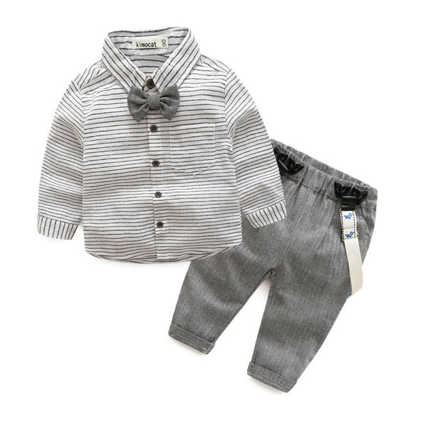 Handsome Baby Boys 3 Pcs Stripes Printed Shirts And Rompers With Bow Tie